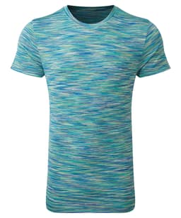 A performance t-shirt featuring a space dye pattern in various shades of blue and green. It has a crew neckline and short sleeves.