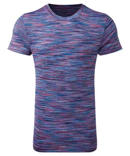 A purple space dye performance T-shirt with a textured pattern of blue, pink, and purple hues. It features a logo.