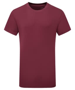 A maroon kids' performance T-shirt with short sleeves and a plain design, featuring a logo on the tag.