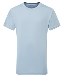 A light blue kids' performance T-shirt with short sleeves and a branding logo.