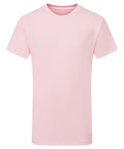 A pink kids' performance T-shirt featuring short sleeves and a blank design. The shirt has a branding logo.