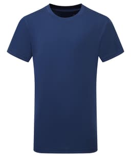 A navy blue kids performance T-shirt with short sleeves and a crew neckline. It features a logo on the design.