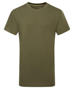 An olive green kids' performance T-shirt with a crew neck and short sleeves. Features a logo on the chest.