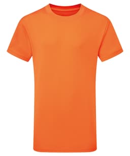 An orange kids' performance t-shirt with short sleeves. The shirt features a logo on the front.