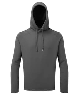 A grey hoodie with a front pocket and drawstring hood. It has a plain design and features a logo.