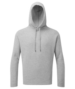 A grey hoodie with a front pouch pocket and drawstring hood. It features long sleeves and a simple design.