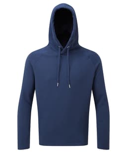 A navy hoodie with a drawstring hood and long sleeves. The garment features a plain design and includes a logo.