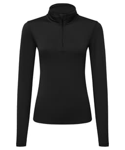 A black long sleeve brushed back 1/4 zip top with a structured collar and fitting design. It has a branding logo.