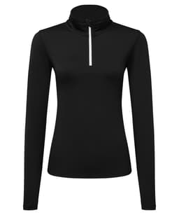 A black long sleeve top with a brushed back finish and a 1/4 zip collar. Features a small branding logo.
