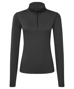 A black long sleeve brushed back 1/4 zip top with a collar, featuring a logo.