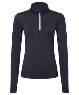 A navy long sleeve top with a brushed back texture and a white 1/4 zip collar, featuring a logo.