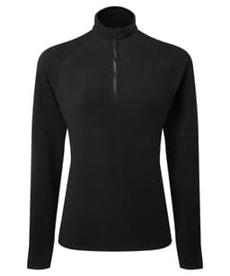 A black active-fitted fleece with a zippered collar and long sleeves. Features a logo on the garment.