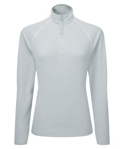 A light grey active-fitted fleece pullover with a zip collar and long sleeves, featuring a logo.