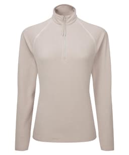 A light beige active-fitted fleece with a zip neck and long sleeves. It features a logo on the front.