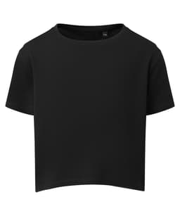 A black kids' boxy T-shirt with short sleeves and a round neckline. It features a logo on the label.