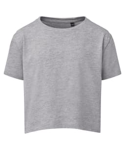 A grey kids' boxy T-shirt with a round neckline and short sleeves. It features a logo on the label.