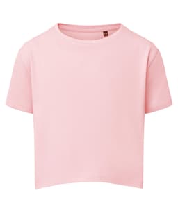 A pink kids' boxy T-shirt with short sleeves and a round neckline. It has a branding label on the collar.