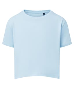 A light blue kids' boxy T-shirt with short sleeves and a crew neckline, featuring a logo tag.