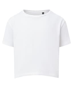 A white boxy t-shirt for kids with short sleeves and a simple design. It features a logo on the collar.