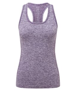 A purple seamless sports vest featuring a tank top design and a racerback style. It has a logo on the front.