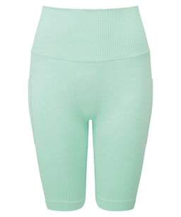 Mint green ribbed seamless cycle shorts featuring a high waistband and pockets on the sides.