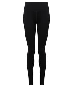 A pair of black seamless leggings with a high waist and fitted design, featuring a logo on the waistband.