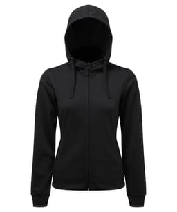 A black full-zip hoodie with a hood, featuring a front zip and long sleeves. Includes a logo.
