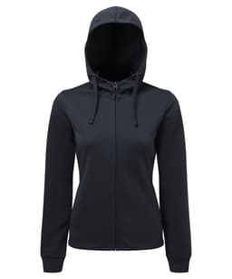 A full-zip hoodie in black with a hood, featuring long sleeves and a simple design. It has a logo.