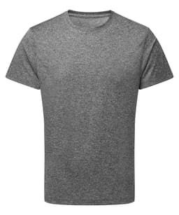 A grey performance T-shirt made from recycled materials, featuring a standard crew neck and short sleeves.