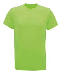 A bright green recycled performance t-shirt with a classic crew neckline. It features a branding logo.