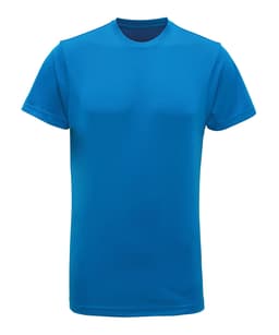 A blue performance t-shirt made from recycled materials, featuring a simple design and logo.