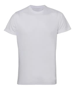 A white recycled performance T-shirt featuring short sleeves and a round neckline, with a small logo on the front.