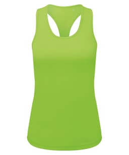 A bright green slim racerback vest featuring a stylish cut and a logo on the front.