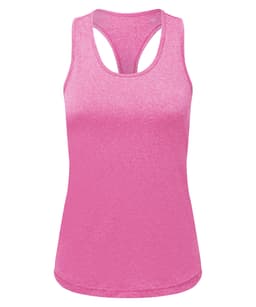 A pink slim racerback vest made from recycled materials, featuring a stylish design and a logo.