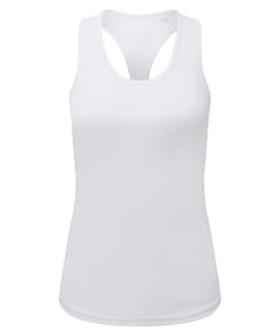 A white slim racerback vest made from recycled performance fabric, featuring a logo on the front.