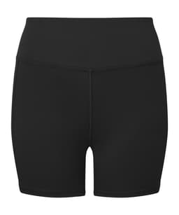 A pair of black recycled micro shorts with a high waistband and flat seams, featuring a logo.