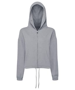 A grey recycled drawstring full-zip hoodie with a hood and front zipper. The garment has a branding logo.