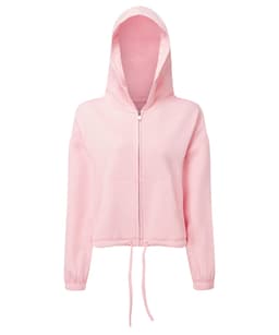 A pink, recycled drawstring full-zip hoodie with a hood and front pockets, featuring a logo.