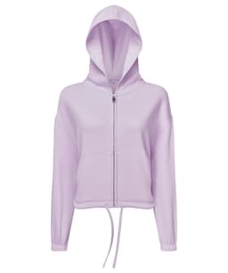 A lilac recycled drawstring full-zip hoodie with a hood and front pockets, featuring a branding logo.