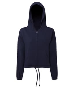 A navy full-zip hoodie with a drawstring hood and front pocket, featuring a logo on the chest.