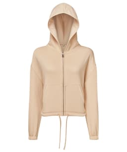 A beige recycled drawstring full-zip hoodie featuring a hood and front pockets, with a logo on display.