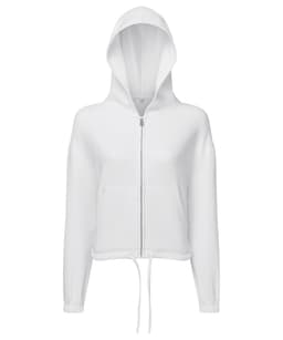 A white full-zip hoodie with a drawstring hood and front pockets, featuring a subtle logo.