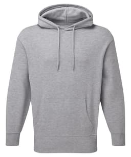 A unisex recycled hoodie in grey, featuring a front pocket and a drawstring hood. It includes a logo.