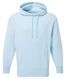 A light blue unisex recycled hoodie with a front pocket and adjustable drawstring hood. It features a logo.