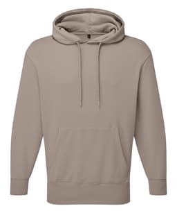A unisex recycled hoodie in a light beige colour, featuring a front pocket and a drawstring hood.