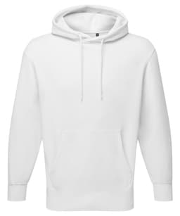 A white unisex recycled hoodie featuring a front pocket and drawstring hood. It has a logo on the front.