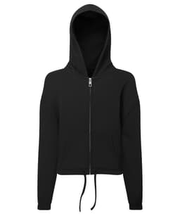 A black cropped oversized full-zip hoodie featuring a hood and front pockets, with a branding logo.
