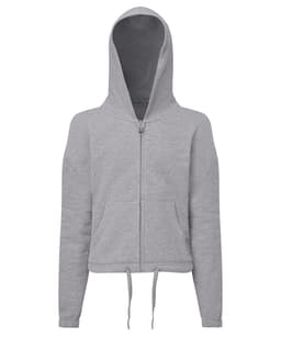 A grey cropped oversize full-zip hoodie with a hood and front pockets. It features a logo on the design.