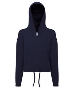 A navy blue cropped oversized full-zip hoodie with a hood and front pockets. It features a logo on the zipper.