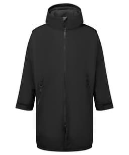 A black waterproof changing robe with a hood and zippered front, featuring side pockets and a relaxed fit.